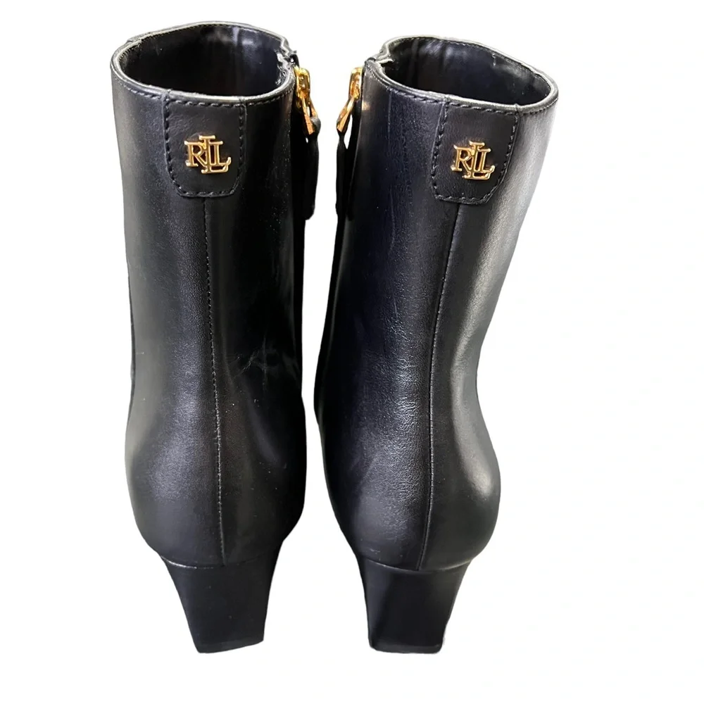 Lauren Ralph Lauren Willa Square Toe Booties Black Burnished Calf Leather 9.5
